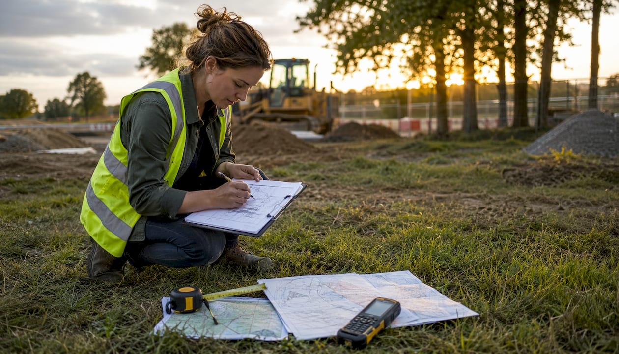 Planner sketching site layout on clipboard outdoors