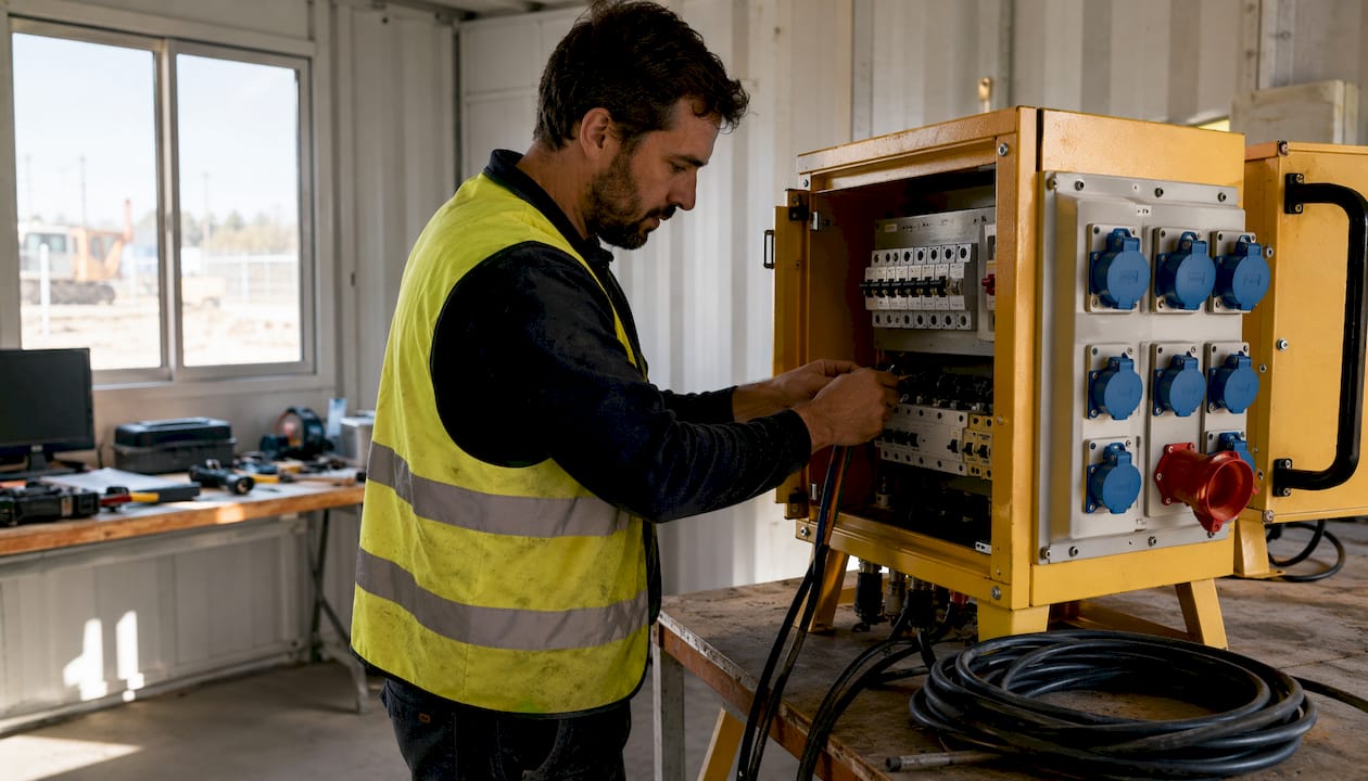 Hands configuring temporary power distribution board onsite