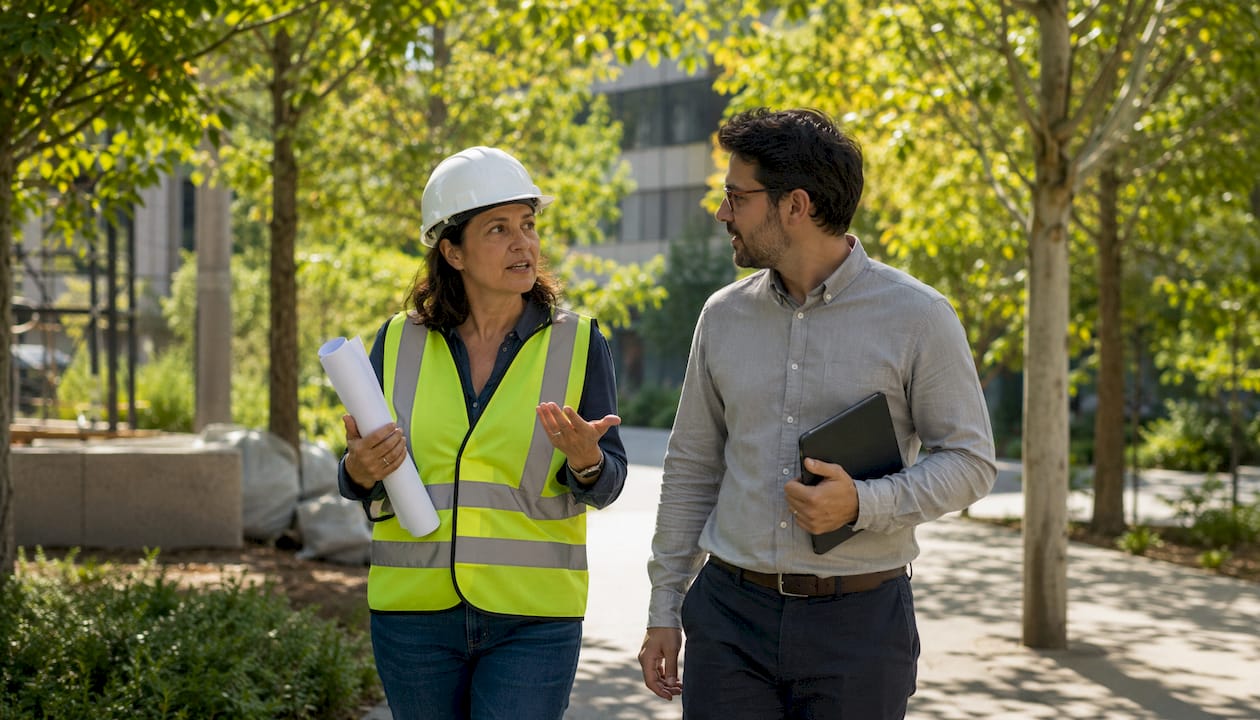 Contractor and architect walking pre-start site walk outdoors