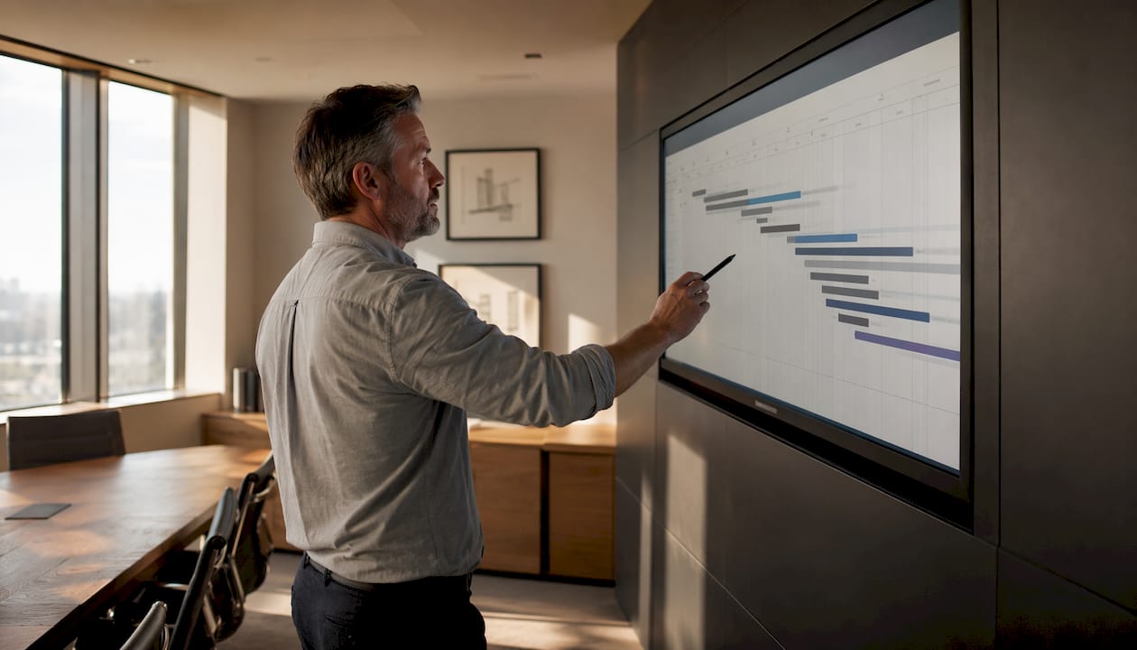 Manager using touchscreen to review demolition schedule