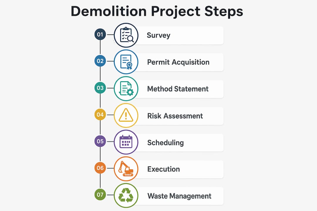 Infographic illustrating demolition project management steps
