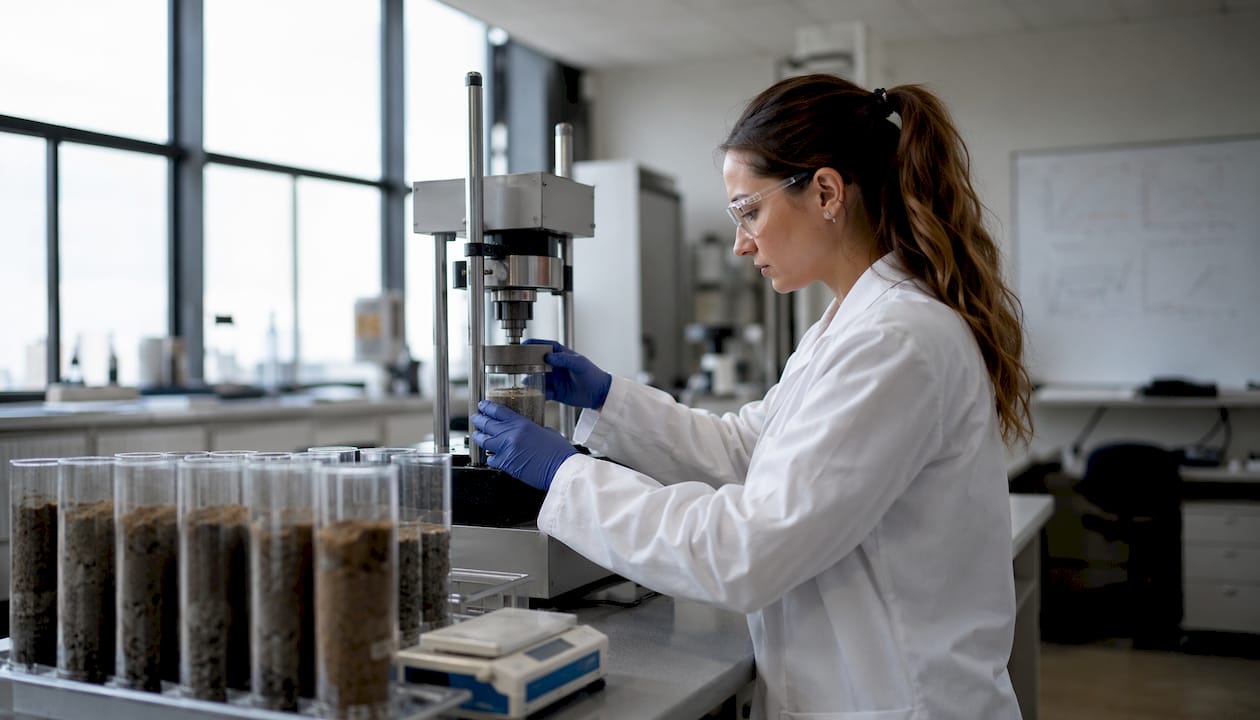Lab technician testing soil samples in geotechnical lab
