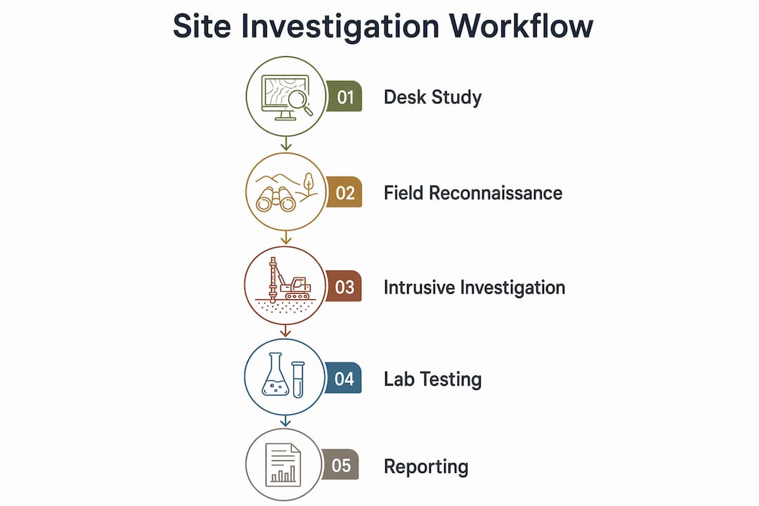 Infographic illustrating site investigation workflow steps