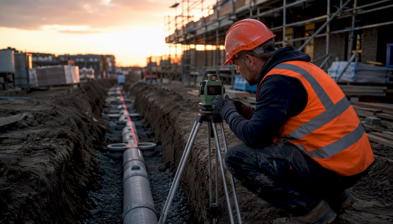 Contractor checking drainage pipe gradient onsite