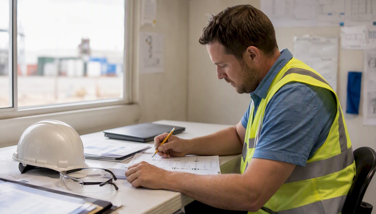 Hands marking audit reports at construction site office