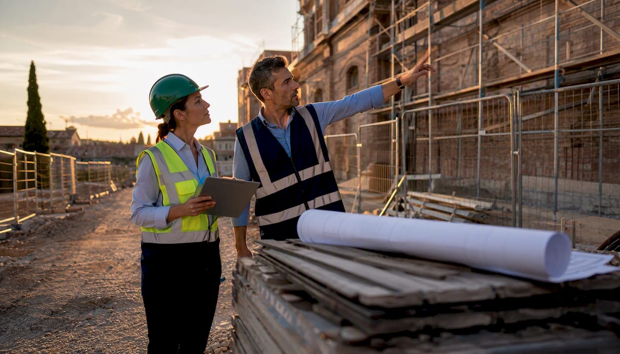 Project managers discussing structural rehabilitation plans on construction site