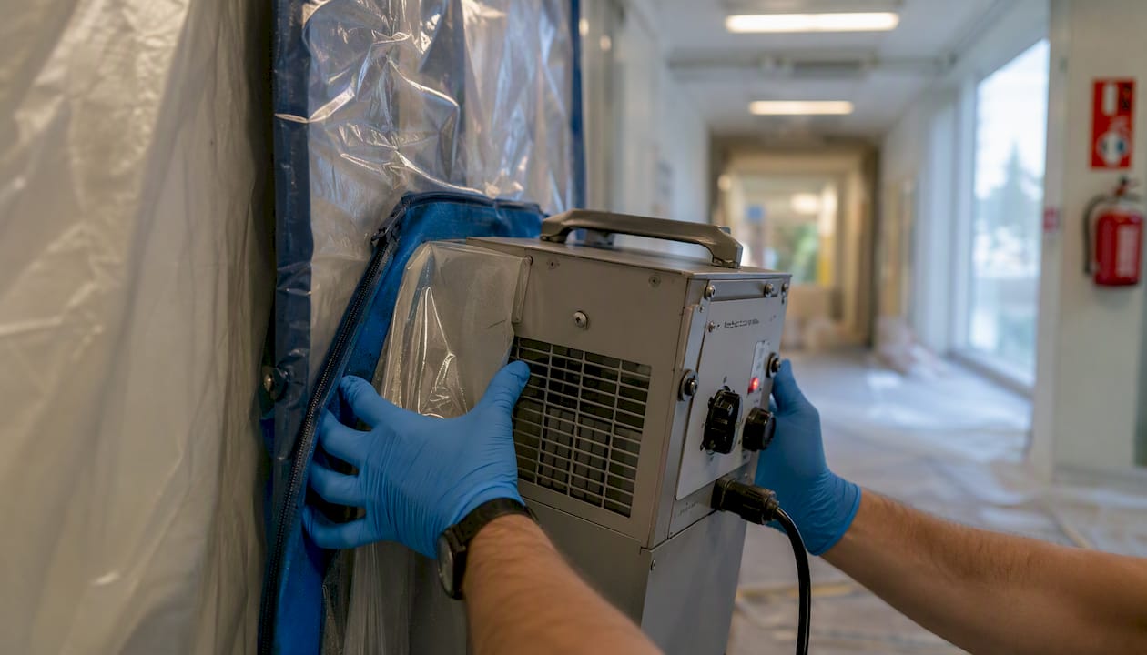 Hands fitting HEPA filter in hospital construction