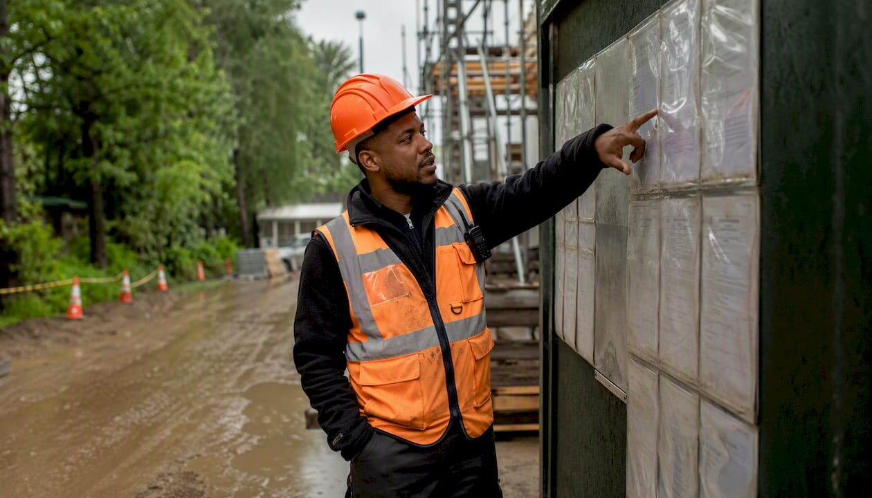 Site manager pointing at safety credential display