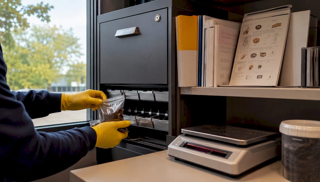 Hands handling hazardous waste soil sample