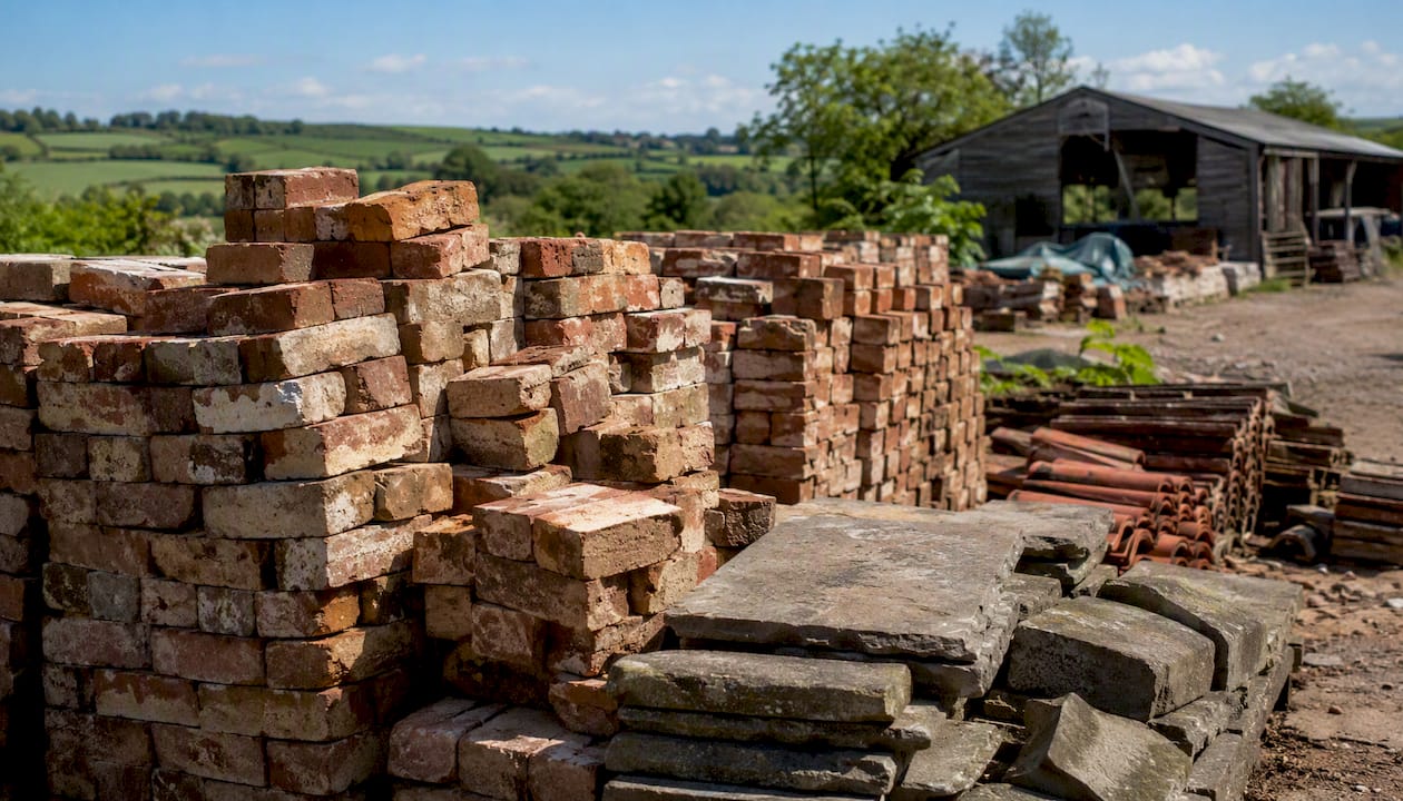 Stacks of reclaimed bricks and tiles in yard