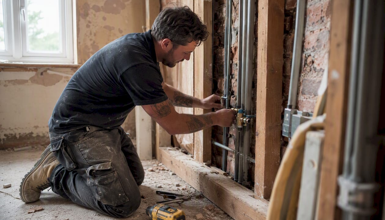 Worker rerouting pipes and cables in wall