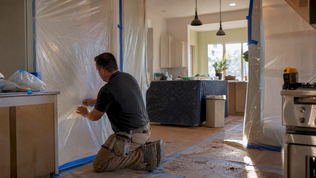 Contractor setting up dust barriers indoors