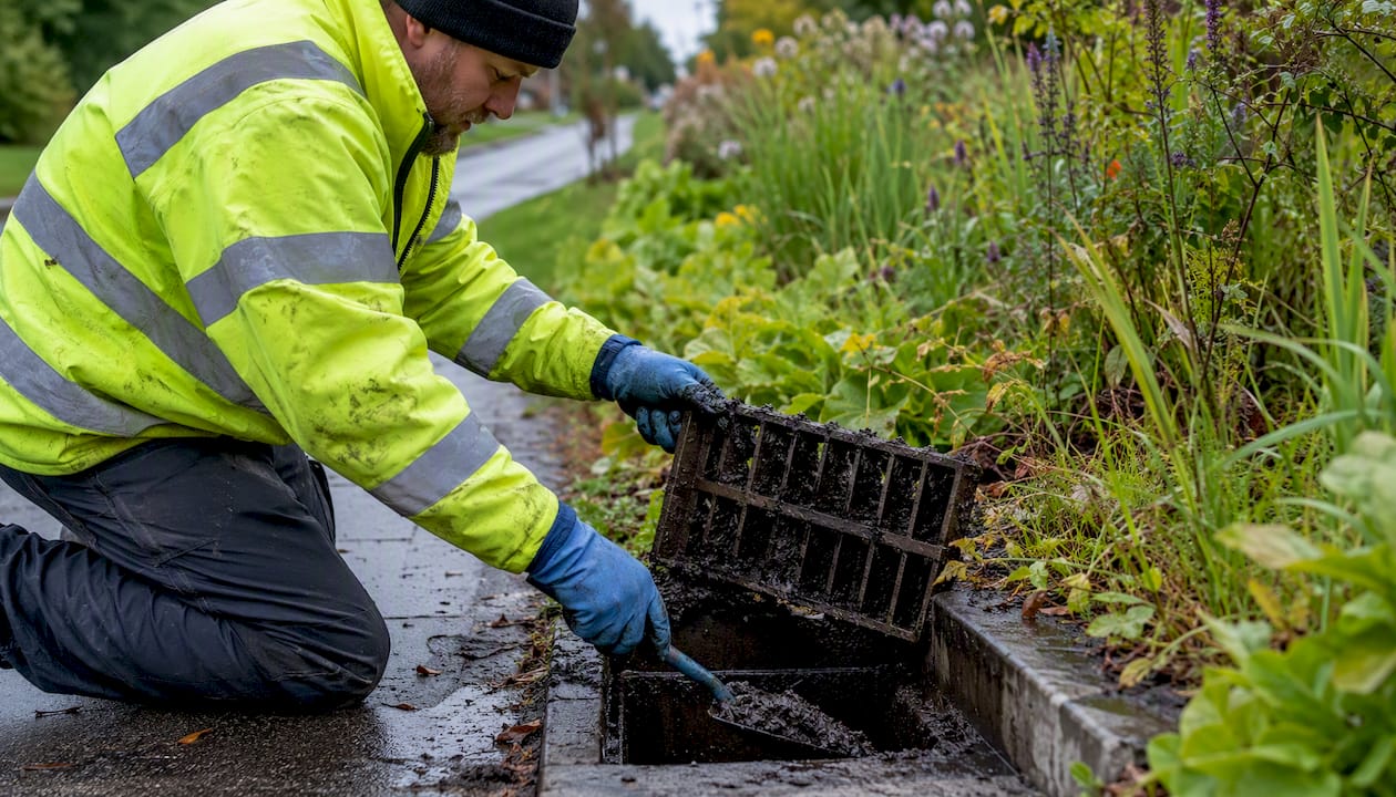 Worker maintaining silt trap in urban drainage swale