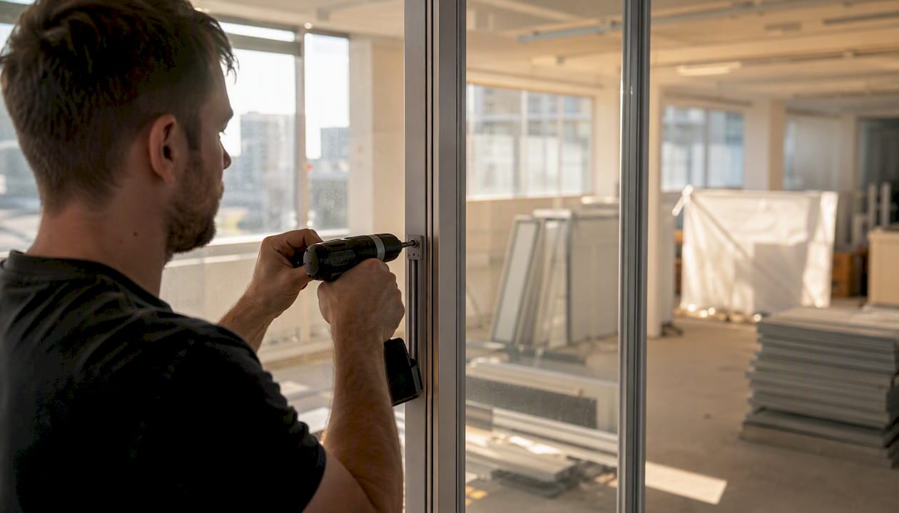 Contractor dismantling demountable glass partition