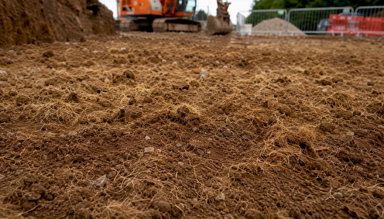 Soil mixed with natural fibre reinforcement close-up