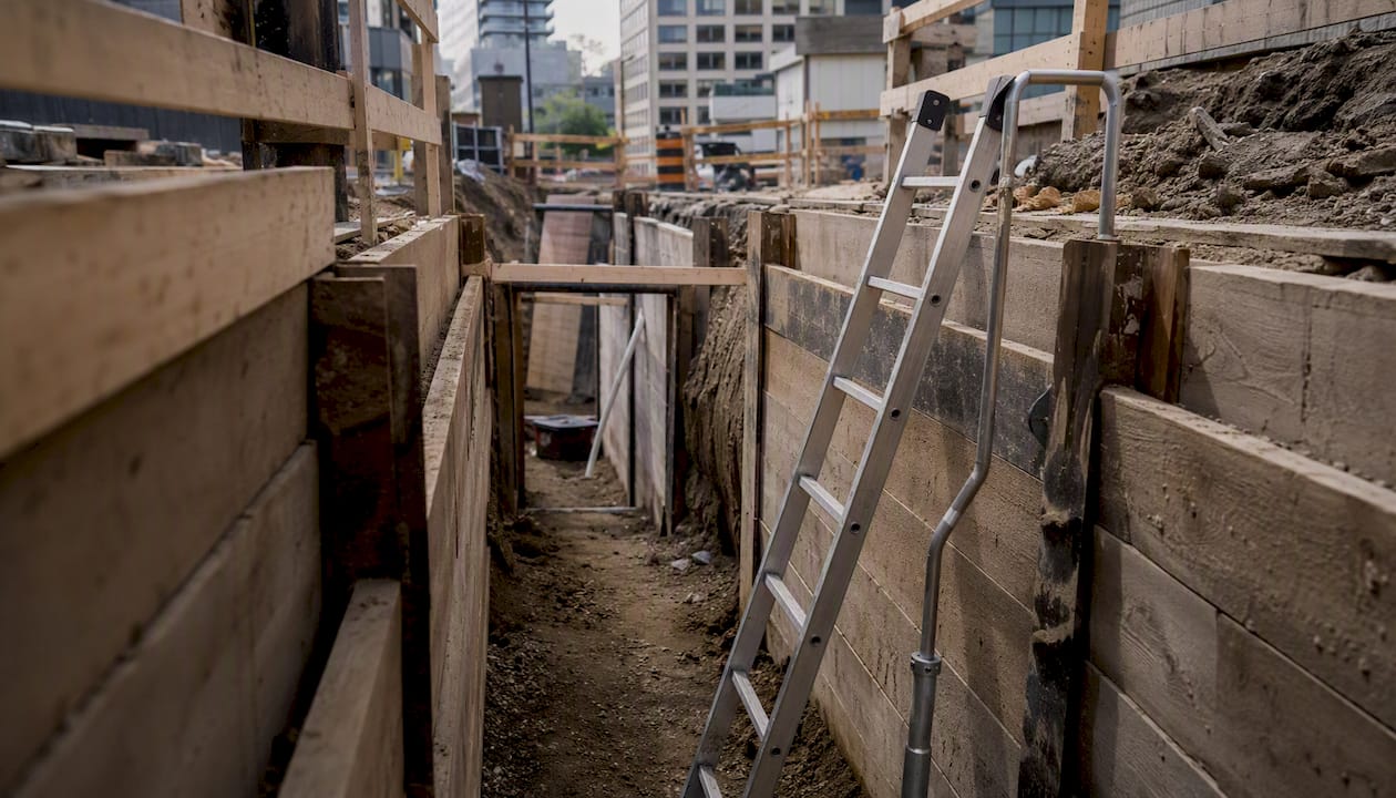 Temporary handrail and ladder at trench edge