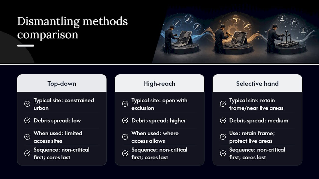 Comparison of demolition dismantling methods and sequencing