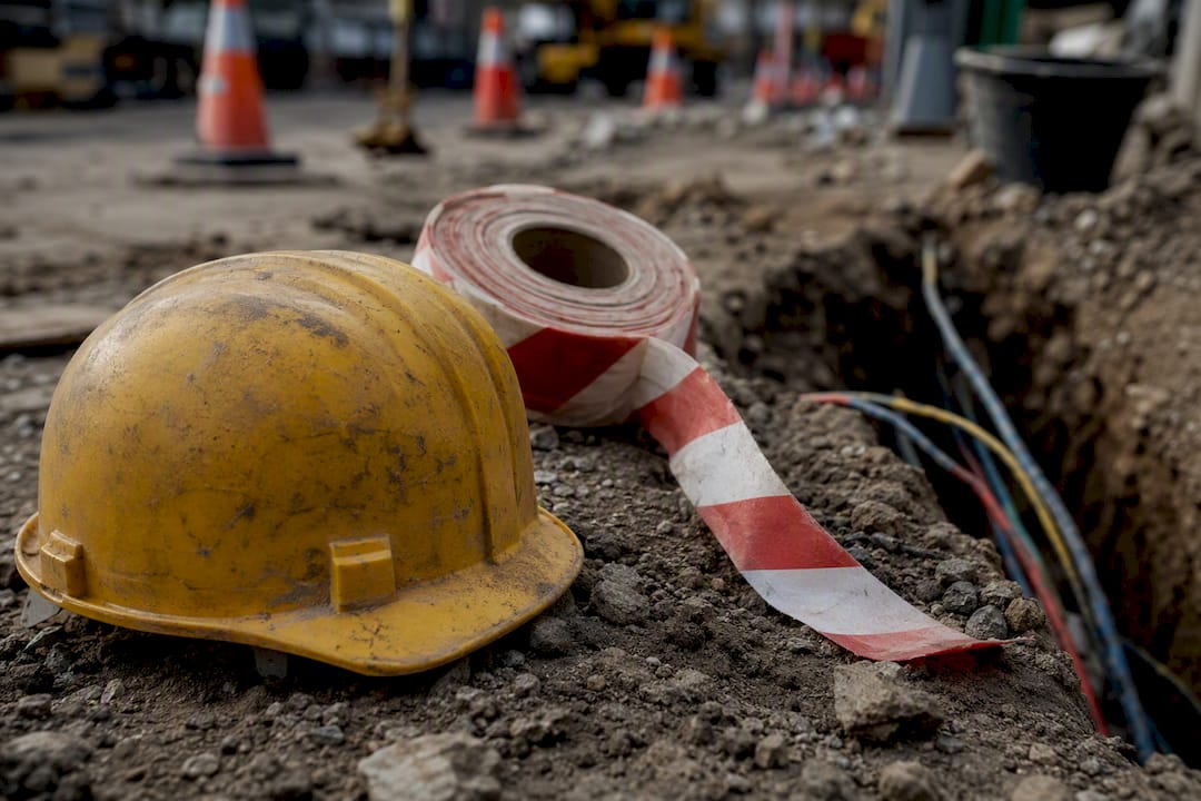 Warning barrier tape and helmet near live cables