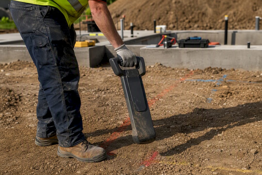 Handheld cable locator tool in use on construction soil
