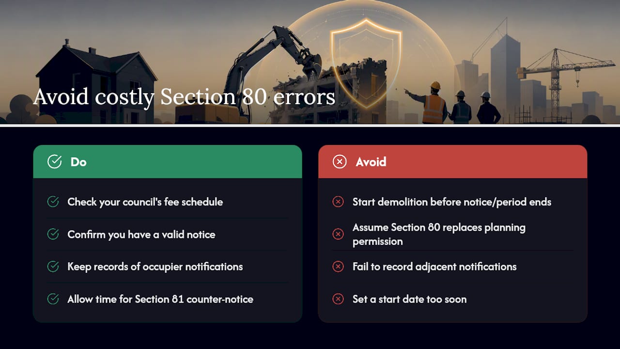 Diagram showing mistakes and penalties with UK Section 80 demolition notices