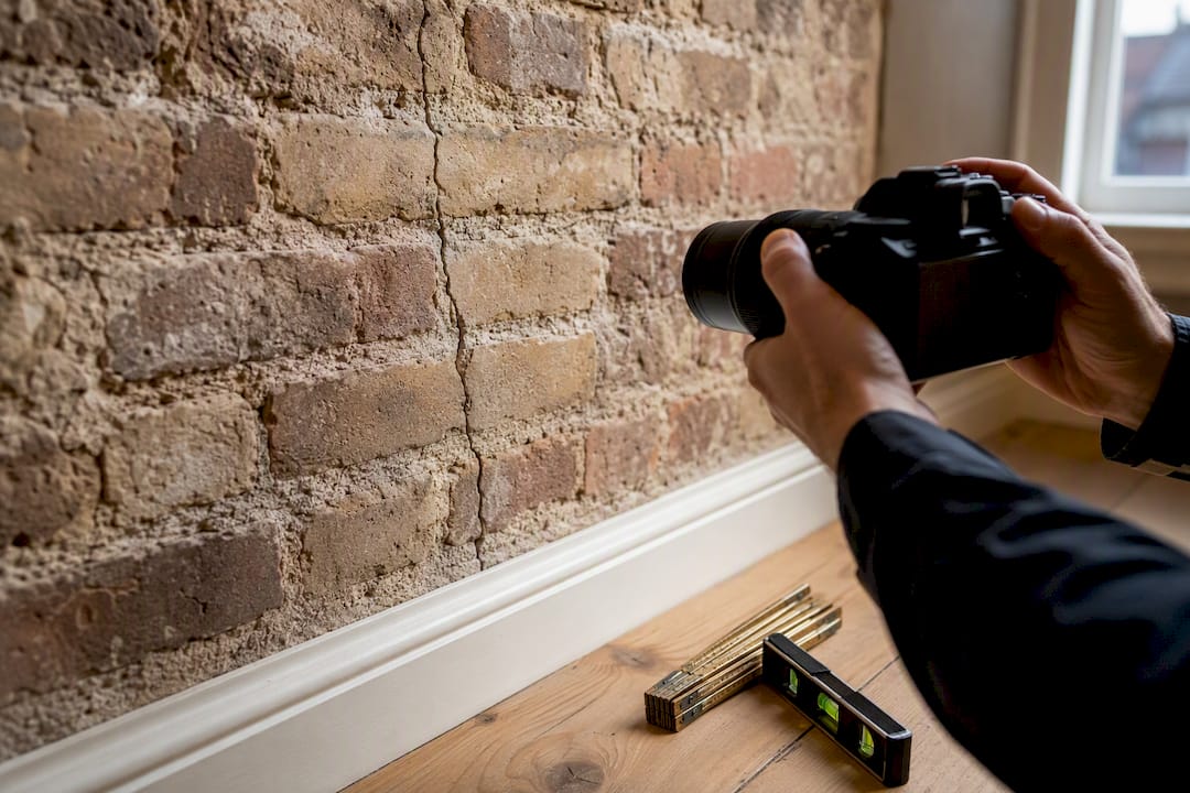 Surveyor recording crack in shared wall