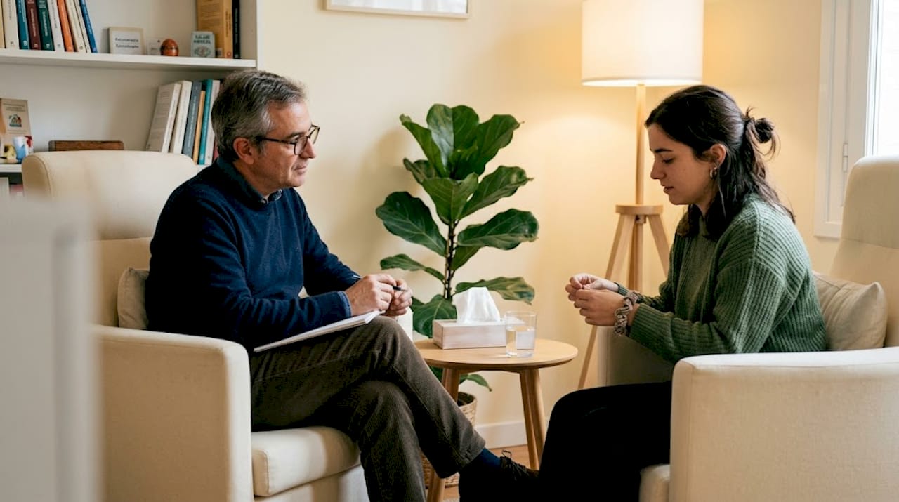 Psicólogo escuchando atentamente a su paciente durante una sesión de terapia