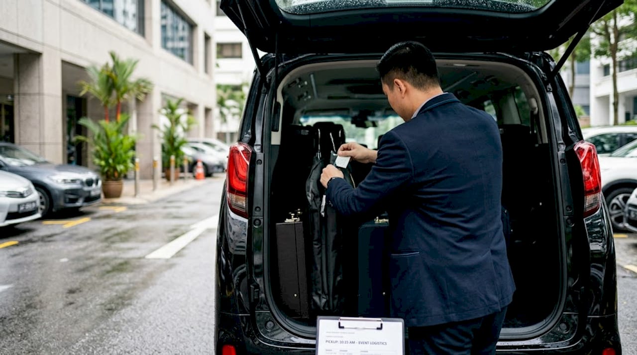 Chauffeur loading event bags at Singapore office