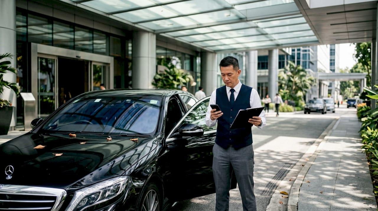Chauffeur checks phone beside car outside office