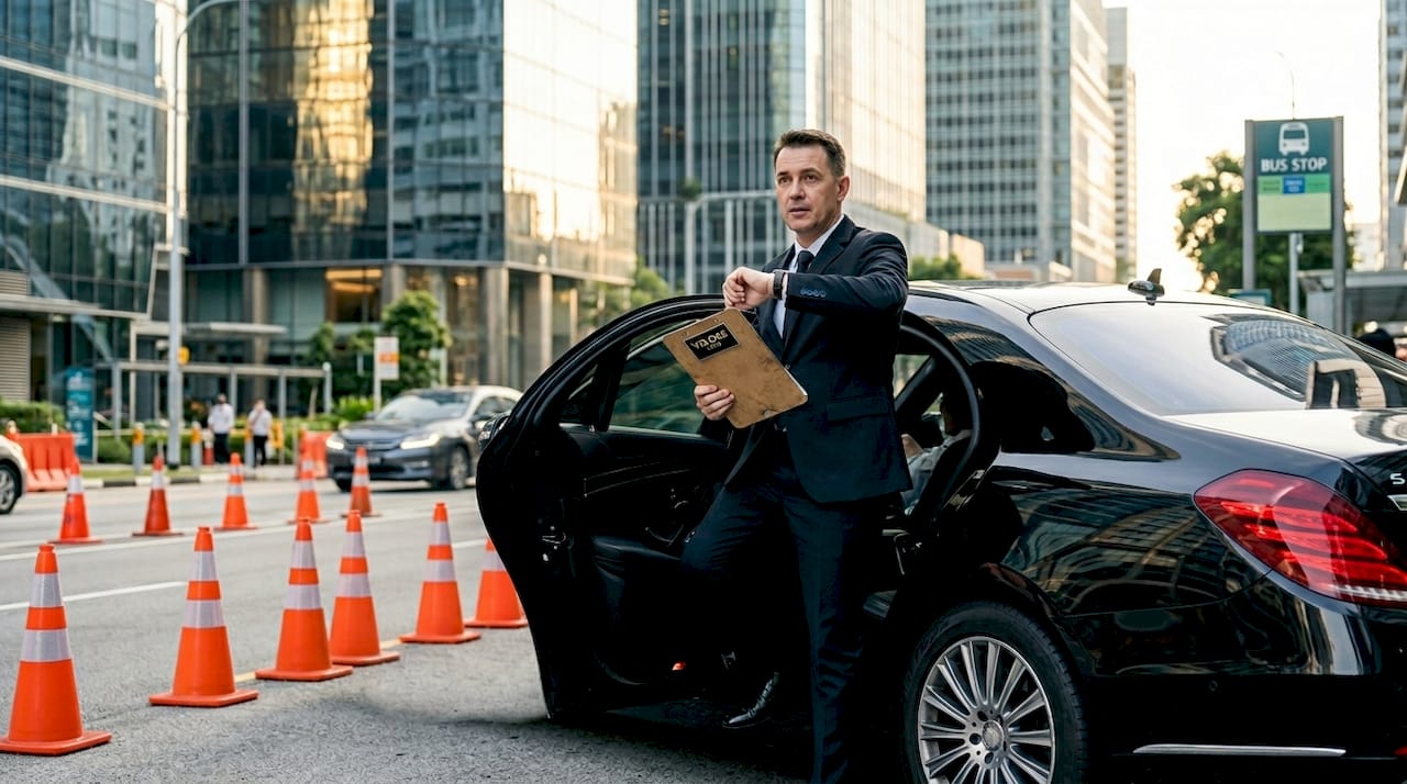 Chauffeur exiting black sedan in Singapore CBD