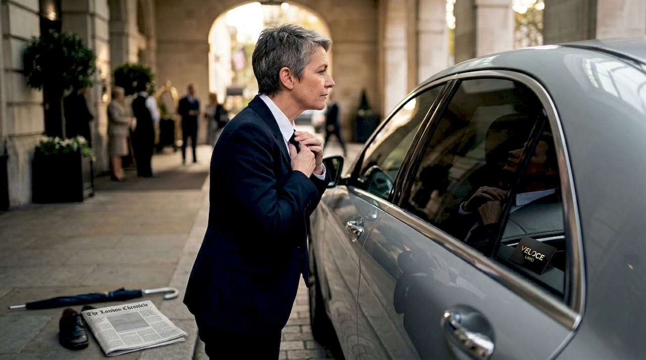 Chauffeur adjusting tie beside luxury sedan