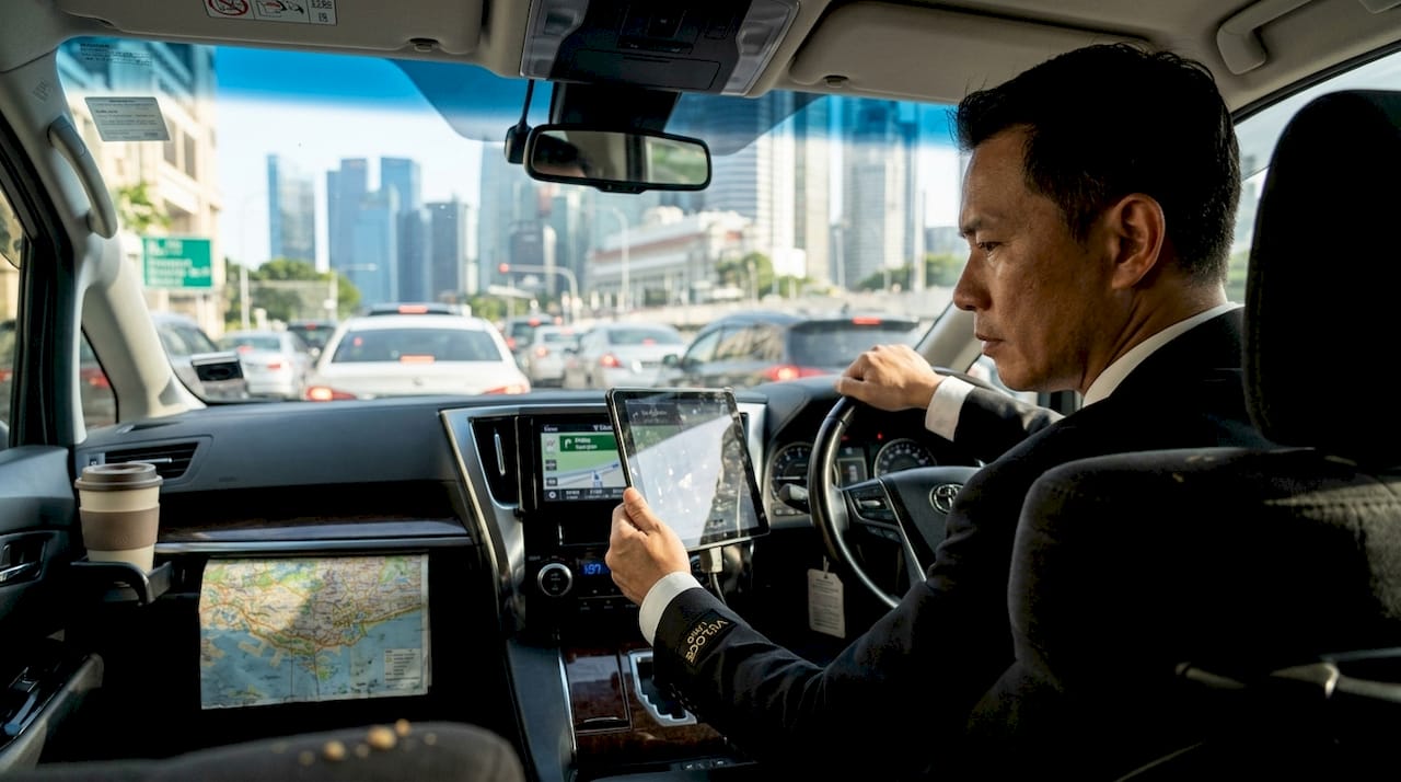 Chauffeur planning route in city traffic