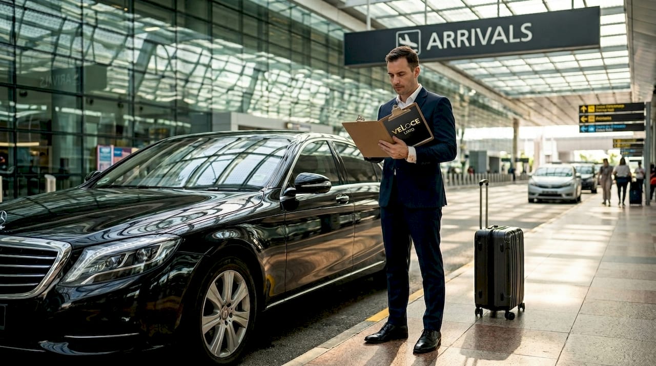 Chauffeur checking details at Singapore airport