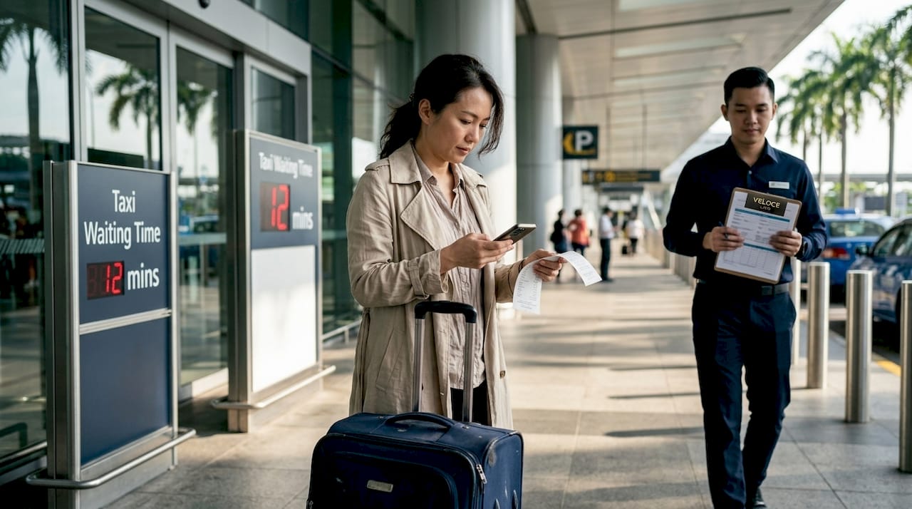 Traveler checking airport waiting charges sign