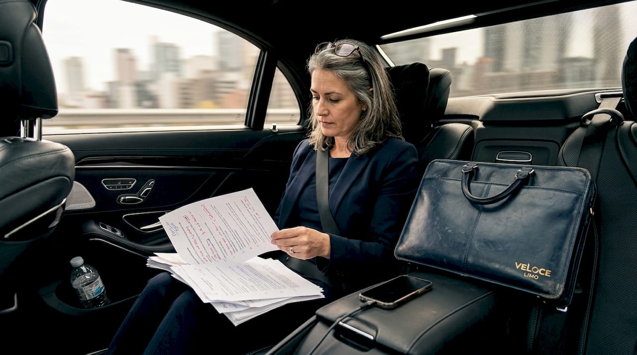 Executive working in luxury car back seat