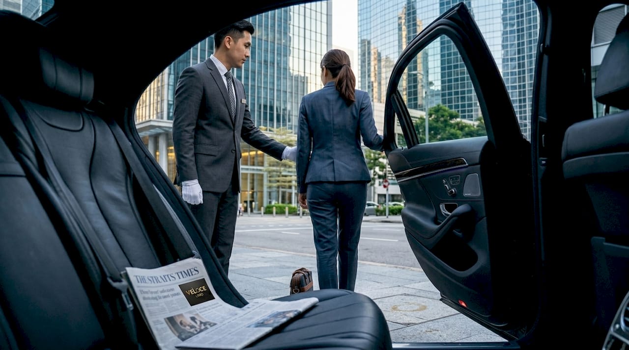 Chauffeur greeting businesswoman at luxury car