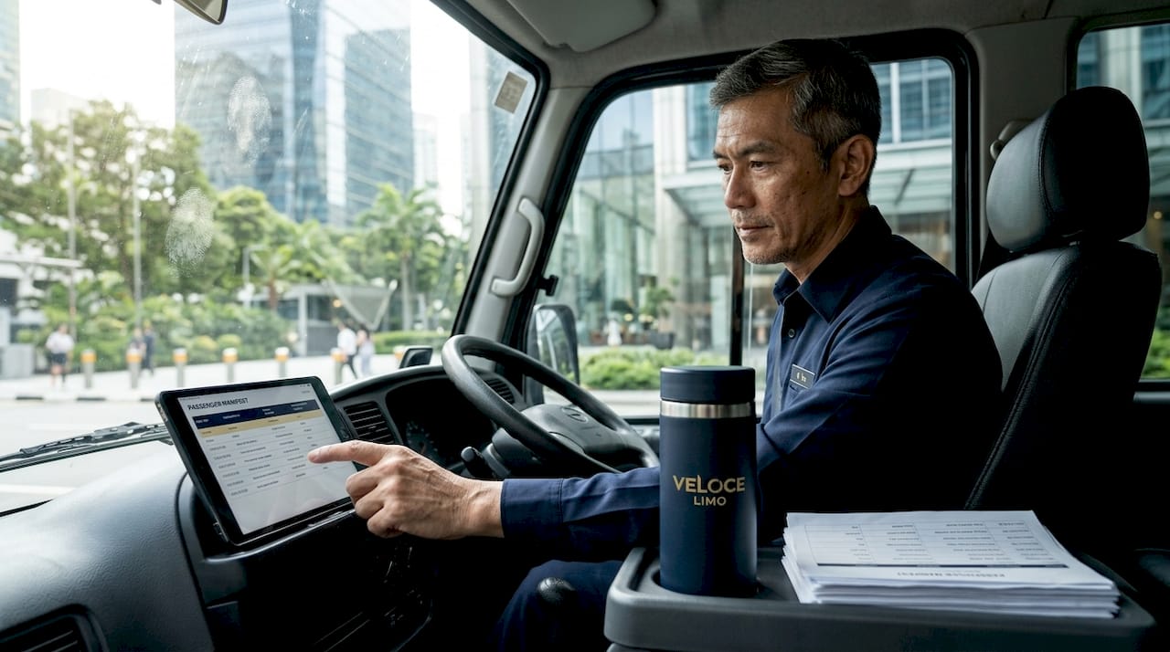 Shuttle bus driver reviewing schedule near office