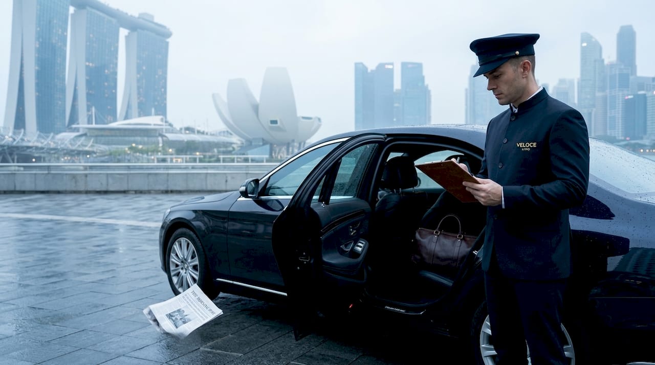 Chauffeur beside luxury sedan in Singapore city