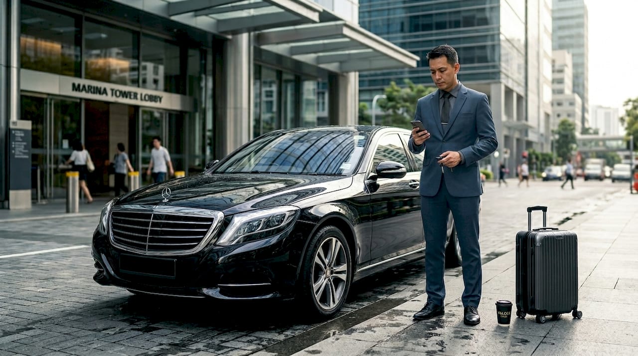 Chauffeur and executive car at Singapore office lobby