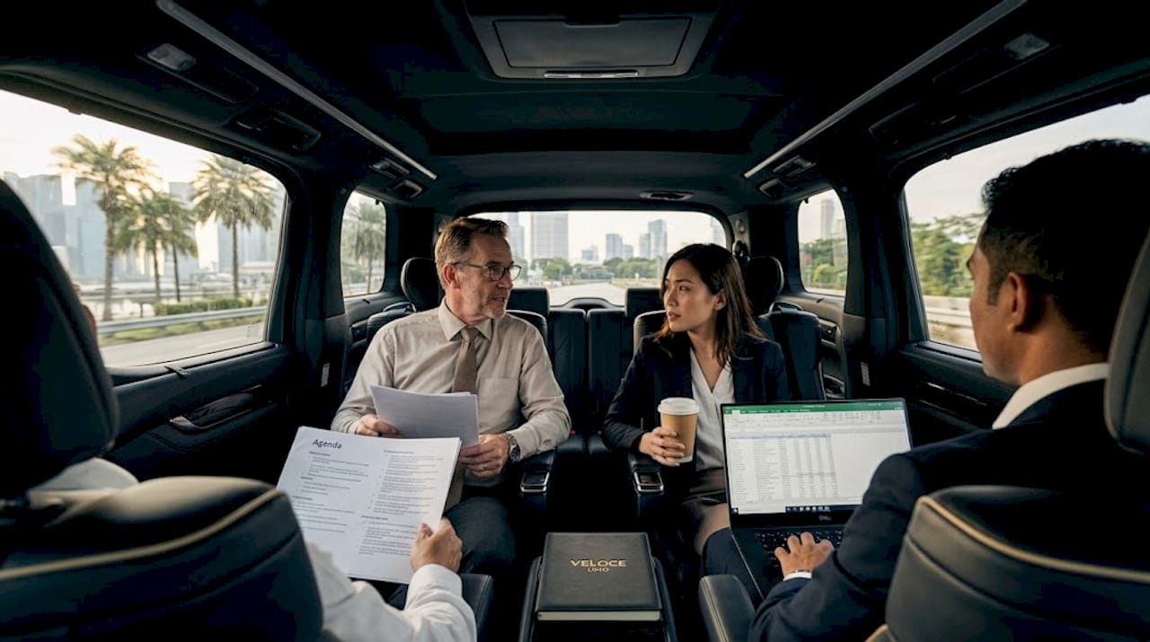 Business group in chauffeured van to meeting