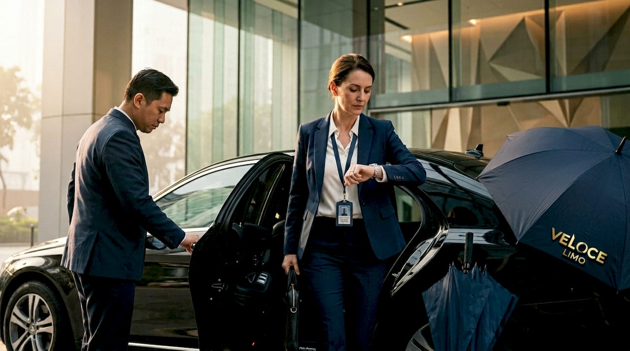 Executive arriving at office with chauffeur