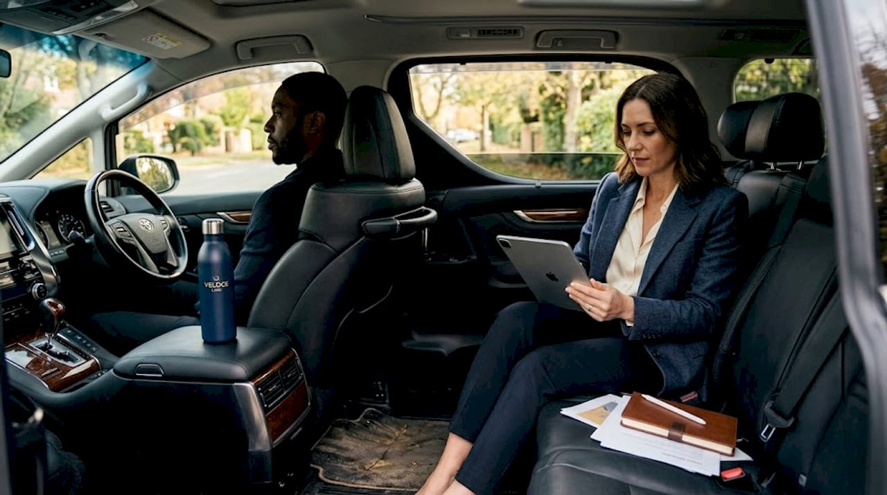 Businesswoman booking chauffeur service hourly