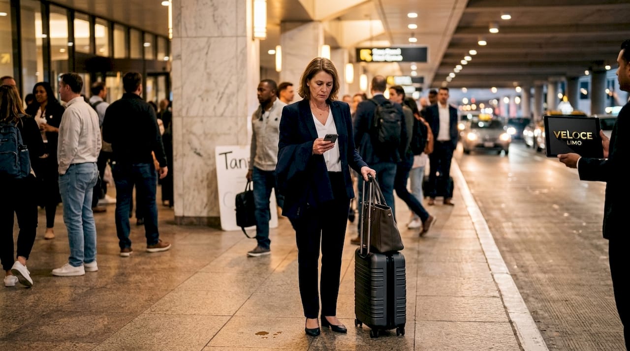 Traveler looking for driver at busy pickup zone