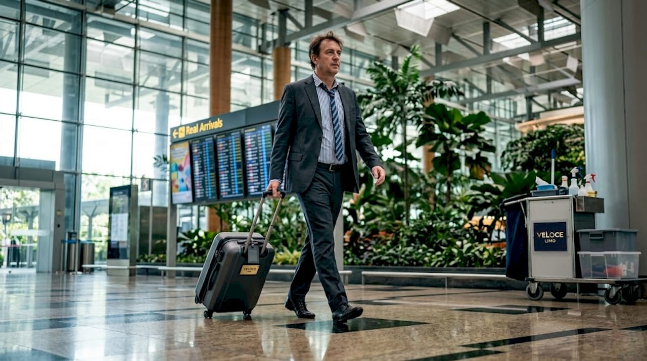 Traveler wheeling suitcase in Singapore airport arrivals