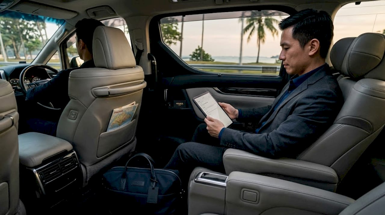 Passenger with tablet in luxury MPV interior