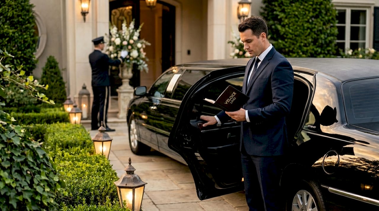Chauffeur opens limo door at upscale hotel entrance