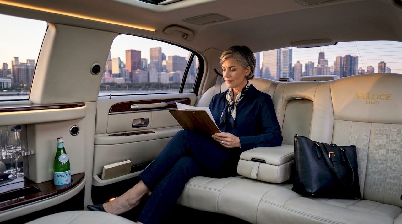 Passenger reading inside luxury limo with comfort seating