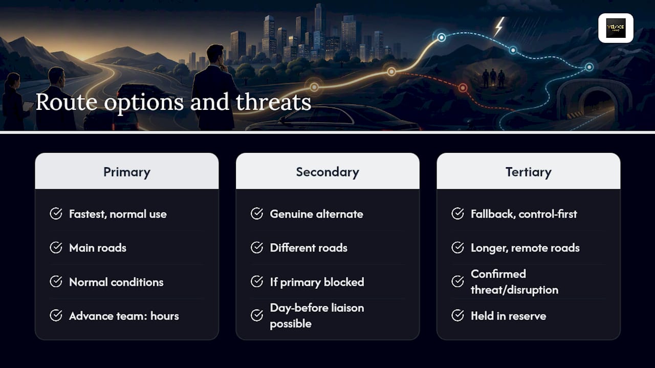 Three-route VIP transport planning framework