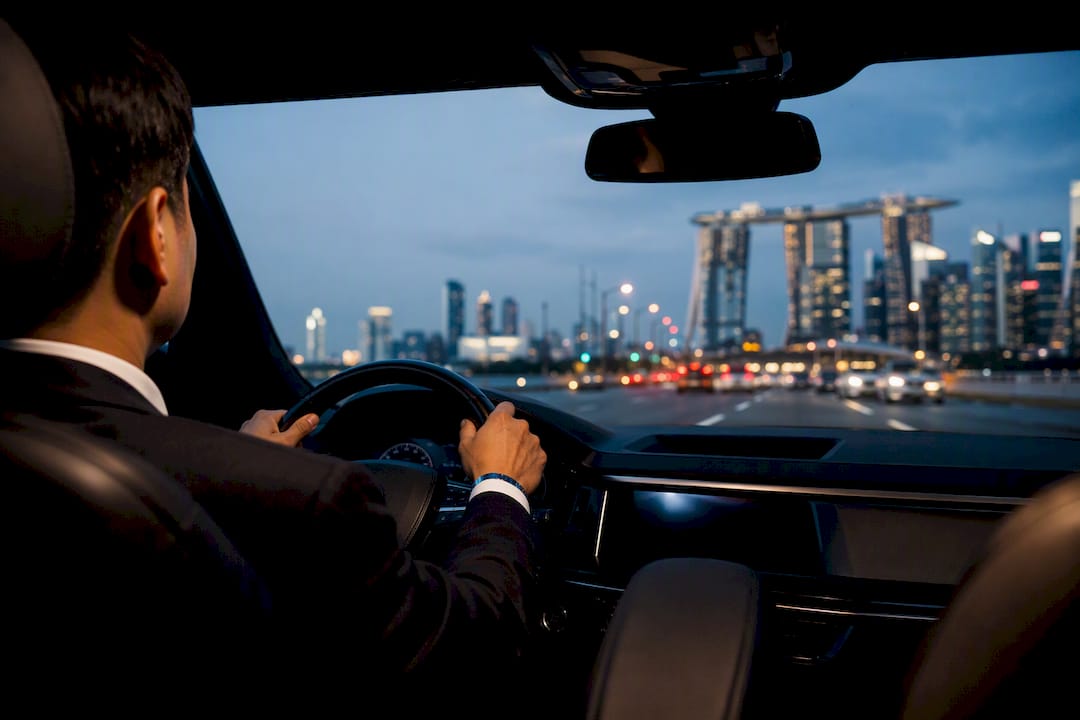 Chauffeur driving through Singapore at dusk