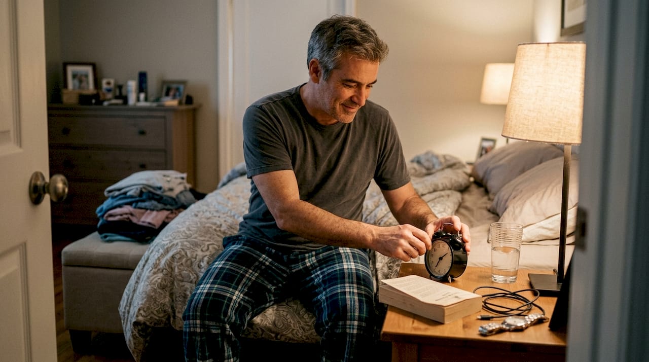 Man preparing bedroom for restful sleep