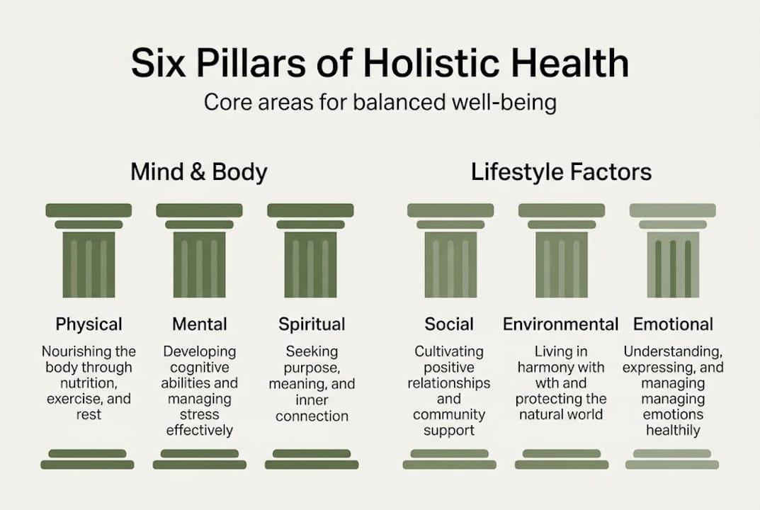 Infographic with six holistic health pillars